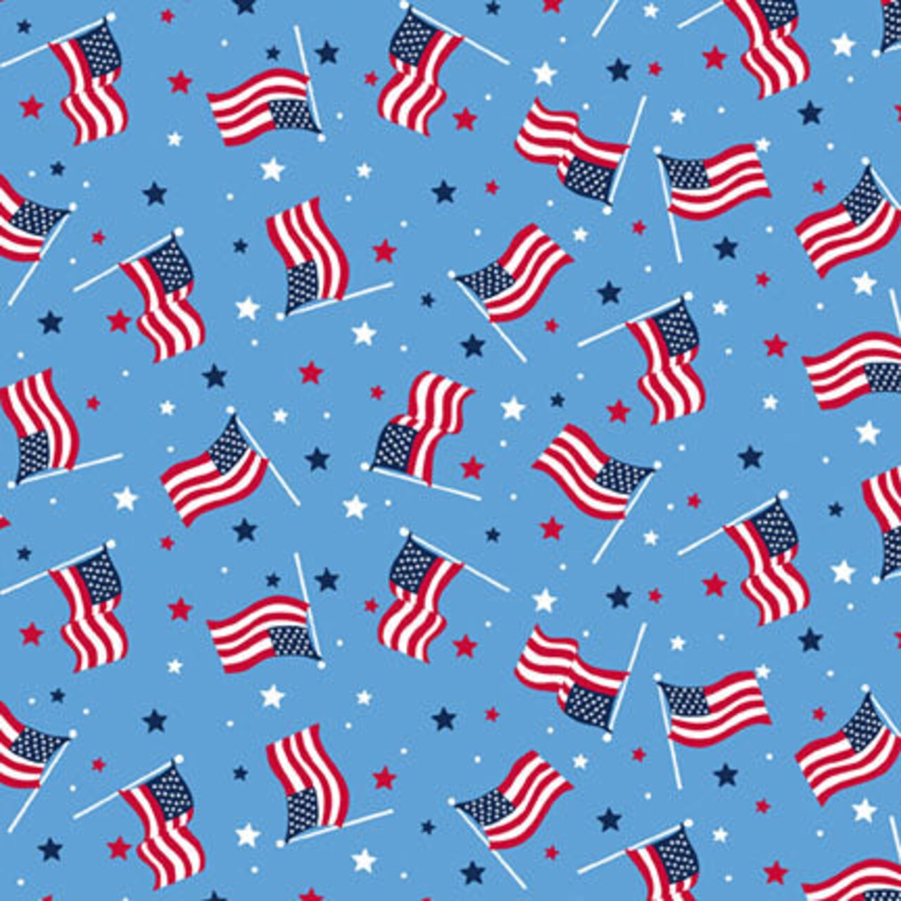 Fabric P & B Textiles Light Blue Tossed American Flags Patriotic Minis by the Quarter Yard PMIN6062-LB